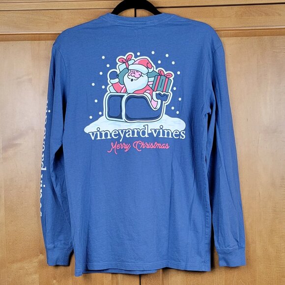 Vineyard Vines Tops - Vineyard Vines Blue Long Sleeve Pocket Tee Santa Sleigh Merry Christmas Tee - XS